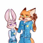 anthro bottomwear clothing duo female fur green_eyes grey_body grey_fur male necktie orange_body orange_fur pants pawpads police police_uniform purple_eyes shirt simple_background smile topwear uniform white_background strawberry628_(artist) disney zootopia judy_hopps nick_wilde canid canine fox lagomorph leporid mammal rabbit red_fox true_fox 1:1 2020