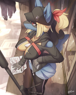 anthro areola areola_slip big_breasts biped black_body blonde_hair blue_body breasts cleavage clothed clothing detailed_background female gun hair hat headgear headwear high-angle_view long_hair ponytail ranged_weapon red_eyes rifle shadow sniper_rifle solo tan_body weapon zinfyu nintendo pokemon generation_4_pokemon lucario pokemon_(species) 2023 absurd_res hi_res signature