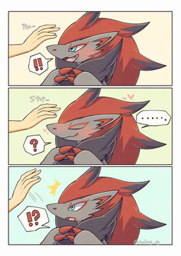 ambiguous_gender anthro blue_eyes blush blush_lines border claws duo exclamation_point eyes_closed fangs fur grey_body grey_fur hair heart_symbol interrobang open_mouth question_mark red_hair simple_background teeth tongue white_border rocking_jjj nintendo pokemon generation_5_pokemon human mammal pokemon_(species) zoroark 2025 absurd_res comic hi_res signature