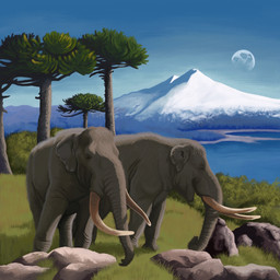 blue_sky day duo feral grass grey_body grey_skin lake moon mountain plant proboscis_(anatomy) quadruped rock sky snow tree trunk_(anatomy) tusks agustindiazart notiomastodon 1:1 2024 hi_res