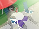 anthro bottomwear clothing electric_fan folding_chair handheld_electric_fan lawn male outside plantigrade pregnant pregnant_anthro pregnant_male shorts sitting solo tongue tongue_out umbrella xana7274 felid mammal pantherine snow_leopard hi_res