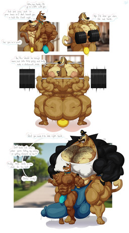 abs anthro balls barefoot big_balls big_bulge big_butt big_muscles big_pecs big_penis black_clothing black_jacket black_nose black_topwear blush body_hair brown_body brown_fur bulge butt chest_hair clothing collar collar_only crouching duo exercise eyewear facial_hair feet fur genitals glasses growth_sequence hairy huge_balls huge_bulge huge_butt huge_muscles huge_pecs huge_penis hyper hyper_balls hyper_bulge hyper_butt hyper_genitalia hyper_muscles hyper_pecs hyper_penis jacket male male/male muscular muscular_anthro muscular_arms muscular_male muscular_thighs mustache nude pec_grab pec_squeeze pecs penis size_difference slim slim_anthro slim_male text thong topwear triceps underwear weightlifting workout bobthetanuki hanna-barbera scooby-doo_(series) dukey scooby-doo canid canine canis domestic_dog mammal hi_res