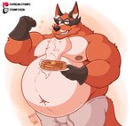 anthro anthrofied belly biceps big_belly big_moobs bottomwear butter clothed clothing dairy_products eyebrows food fur gloves handwear holding_food holding_object holding_plate looking_at_viewer male moobs musclegut muscular muscular_anthro muscular_male navel nipples obese obese_anthro obese_male overweight overweight_anthro overweight_male pancake pants plate pokemorph simple_background smile solo standing star sweatpants syrup teeth text topless topless_anthro topless_male tuft white_background stompsyeen nintendo patreon pokemon twitch.tv generation_8_pokemon pokemon_(species) thievul 2023 hi_res url