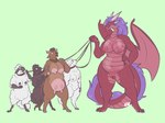 areola biped black_body black_fur black_wool breasts brown_body female fur genitals green_background group hair hooves horn imminent_death imminent_vore leash licking licking_lips membrane_(anatomy) membranous_wings navel nipples non-mammal_breasts non-mammal_nipples nude purple_hair pussy red_body scared simple_background standing tail teats tongue tongue_out udders white_body white_fur white_wool wings wool_(fur) hhazard mythology bovid bovine caprine cattle dragon livestock mammal mythological_creature mythological_scalie scalie sheep 2016 colored
