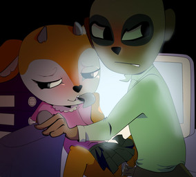 anthro backlighting blush bodily_fluids clothed clothing computer detailed_background duo electronics female genital_fluids genitals hand_in_mouth hooves light male male/female penis sex smile spread_legs spreading teewsyerg upskirt vulva aggretsuko sanrio chief_komiya tsunoda_(aggretsuko) antelope bovid gazelle herpestid mammal meerkat thomson's_gazelle true_antelope lighting
