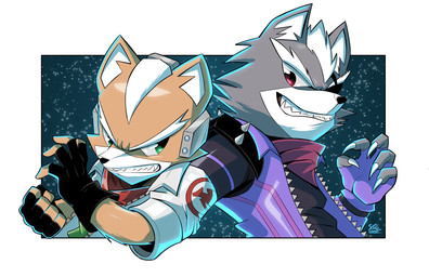 5_fingers anthro black_clothing black_fingerless_gloves black_gloves black_handwear claws clothed clothing duo eyebrows finger_claws fingerless_gloves fingers fur gloves green_eyes grey_body grey_ears grey_fur handwear male orange_body orange_ears orange_fur purple_clothing purple_fingerless_gloves purple_gloves purple_handwear purple_topwear teeth topwear white_body white_eyebrows white_fur staticblu nintendo star_fox fox_mccloud wolf_o'donnell canid canine canis fox mammal wolf 2025