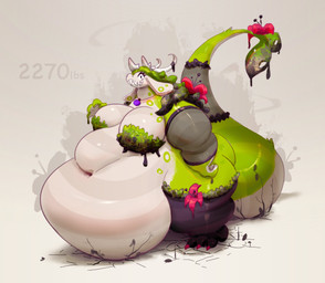 2_horns 3_claws 3_toes accessory anthro antlers arm_warmers armwear bandeau belly belly_folds belly_on_ground belly_overhang big_belly big_breasts big_tail biped breasts claws clothing countershade_face countershade_neck countershade_tail countershade_torso countershading cracked_ground deep_navel ear_markings eyelashes fat_arms feet female female_anthro fin floppy_ears flower flower_in_hair flower_tail furgonomics glistening glistening_belly glistening_breasts green_leaves green_markings green_spots grey_background grey_text grin hair hair_accessory horn huge_belly huge_tail huge_thighs imperial_unit jewelry legwear looking_at_viewer markings morbidly_obese morbidly_obese_anthro morbidly_obese_female navel necklace obese obese_anthro obese_female overweight overweight_anthro overweight_female pattern_armwear pattern_clothing pattern_legwear plant plant_clothing plant_hair pseudo_hair red_claws red_flower ring_(marking) sharp_teeth simple_background smile solo spots standing stated_weight striped_armwear striped_belly striped_clothing striped_legwear striped_markings striped_tail stripes tail tail_accessory tail_clothing tail_fin tail_markings tail_warmer tapering_tail teeth thick_tail thick_thighs toe_claws toes topwear white_body white_breasts white_countershading white_ears white_horn miluinaoxie mythology dragon elemental_creature elemental_dragon flora_fauna mythological_creature mythological_scalie scalie 2023 colored digital_media_(artwork) digital_painting_(artwork) hi_res painting_(artwork) shaded