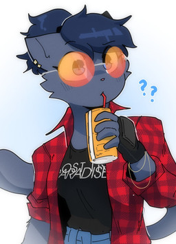 anthro beverage black_clothing black_shirt black_topwear blue_body blue_bottomwear blue_clothing blue_ears blue_eyes blue_fur blue_hair blue_tail bottomwear clothed clothed_anthro clothed_female clothing drinking drinking_straw ear_piercing eye_through_hair eyebrow_through_hair eyebrows eyewear female female_anthro fingerless_gloves fingers flannel flannel_shirt front_view fur glasses gloves hair handwear holding_beverage holding_object piercing question_mark raised_eyebrow red_clothing red_shirt red_topwear round_glasses shirt simple_background solo tail text text_on_clothing text_on_shirt text_on_topwear tied_hair tinted_glasses topwear translucent translucent_hair wearing_glasses conditional_dnp sonokido jujutsu_kaisen ventura_city_drifters alina_scratch domestic_cat felid feline felis mammal russian_blue 2023 digital_media_(artwork) english_text half-length_portrait hi_res portrait