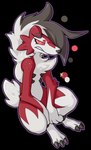 ambiguous_gender anthro biped black_hair canid canine claws digital_media_(artwork) fan_character frown fur generation_7_pokemon hair hi_res honky_kat looking_at_viewer lycanroc mammal midnight_lycanroc multicolored_body multicolored_fur nintendo paws pokemon pokemon_(species) red_body red_eyes red_fur scar scowl solo tail teeth white_body white_fur white_hair