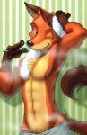 2016 4_fingers abs anthro athletic biceps biped bottomwear brush brushing brushing_teeth canid canine chest_tuft clothed clothing digital_media_(artwork) disney fingers fox front_view fur gloves_(marking) green_eyes hi_res looking_at_viewer male mammal markings navel nick_wilde one_eye_closed pecs raizinndx red_fox shorts solo standing steam toothbrush topless towel true_fox tuft wet wink zootopia