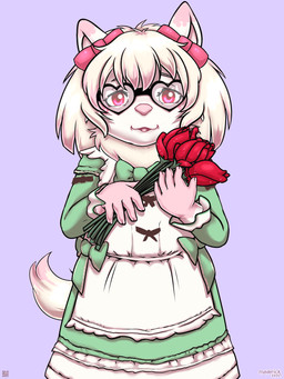 accessory anthro biped blonde_hair bow_ribbon brown_clothing brown_dress clothed clothing dress eyebrows eyewear female flower front_view fur glasses hair hair_accessory hair_bow hair_ribbon heart_glasses holding_flower holding_object looking_at_viewer neck_tuft open_mouth pink_nose plant ribbons rose_(flower) short_hair simple_background solo standing tongue tuft wearing_glasses white_body white_fur maverick canid canine canis domestic_dog mammal pomeranian spitz 2026 3:4 hi_res