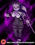 anthro big_breasts big_tail breasts enemy female power purple_body queen royalty solo tail thick_thighs hermanworks mammal procyonid raccoon comic hi_res