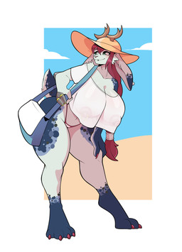anthro antlers beach big_breasts bikini bikini_bottom bikini_top_removed braided_hair breasts clothed clothing colored_nails ear_piercing exposed_breasts facial_piercing female green_eyes hair hat headgear headwear horn leaning leaning_forward lip_piercing looking_back mature_female nails nipple_outline nipple_piercing nipples piercing prosthetic prosthetic_limb red_hair short_tail smile snakebite_piercing solo straw_hat swimwear tail thick_thighs topless translucent translucent_clothing two-piece_swimsuit white_body golden_bag_nero ritter_merau_(zettra_thorn) jackalope lagomorph mammal absurd_res hi_res