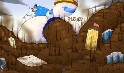 anthro big_butt blue_hair bracelet building butt city excessive_feces feces feces_everywhere feces_pile fur hair heart_symbol huge_butt hyper hyper_butt hyper_feces jewelry macro male mane nude overweight overweight_male pooping scatplay solo sound_effects tongue tongue_out white_body white_fur rebelgandre djermengandre_(character) kaiju monster