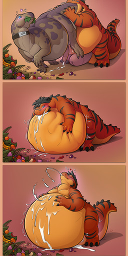 3_toes 4_fingers anthro anthro_pred apple balls banana belly big_balls big_belly big_penis black_claws black_hair bloated blue_eyes blush bodily_fluids border claws collar cum cum_from_mouth cum_in_mouth cum_inflation cum_inside cum_on_belly cum_on_body cum_through duo ejaculation feet feral feral_prey fingers food fruit genital_fluids genitals grey_balls grey_body hair heart_symbol humanoid_genitalia humanoid_penis inflation leaf male male_pred male_prey melon multicolored_body non-mammal_balls oral_vore orange_(fruit) orange_balls orange_body overweight overweight_male overweight_pred penis pink_penis plant semi-anthro tail tail_first tan_border toes vore watermelon epicurean_delights mythology dragon mythological_creature mythological_scalie scalie absurd_res comic hi_res shaded