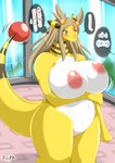 2012 alternate_species ampharos anthro areola big_breasts blush bouncing_breasts breast_rest breasts brown_hair curvy_figure embarrassed female furrification generation_2_pokemon genitals gym_leader hair hi_res holding_breast huge_breasts japanese_text jasmine_(pokemon) nintendo nipples pokemon pokemon_(species) pokemorph pussy slightly_chubby solo text thick_thighs translated voluptuous wide_hips yellow_body yellow_skin ymbk