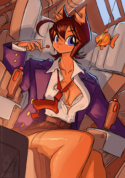 accessory blue_eyes bottomwear bra breasts brown_hair candy cat_toy chair cleavage clothed clothing coat dessert dutch_angle female food furniture hair holding_object inner_ear_fluff joystick legwear lollipop looking_at_viewer necktie open_clothing open_shirt open_topwear pantyhose shirt sitting skirt solo tan_inner_ear_fluff topwear tuft underwear window conditional_dnp jollyjack animal_humanoid aquatic cat_humanoid felid felid_humanoid feline feline_humanoid fish humanoid mammal mammal_humanoid 2026