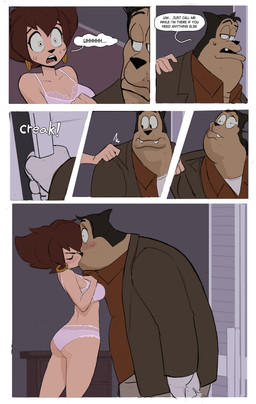 5_fingers anthro anthro_on_anthro barefoot bedroom biped black_body black_ears black_eyebrows black_fur black_hair black_nose blue_bottomwear blue_clothing blue_jeans blue_pants bodily_fluids border bottomwear bow_panties bow_underwear bra breasts brown_clothing brown_hair brown_jacket brown_shirt brown_topwear butt closet clothed clothed_anthro clothed_female clothed_male clothing collared_shirt denim denim_bottomwear denim_clothing dialogue dress_shirt dresser ear_piercing ear_ring eyebrows eyelashes eyes_closed feet female female_anthro fingers floppy_ears focus_lines frilly frilly_clothing frilly_panties frilly_underwear fur furniture gloves gold_(metal) gold_ear_ring grey_bottomwear grey_clothing grey_pants group hair hand_on_shoulder handwear head_turned hiding hoop_ear_ring humanoid_hands inside intraspecies jacket jeans kiss_on_lips kissing lingerie long_sleeves looking_back male male/female male_anthro medium_breasts midriff motion_lines multicolored_body multicolored_fur obese obese_anthro obese_male open_clothing open_jacket open_mouth open_topwear overweight overweight_anthro overweight_male panicking panties pants piercing pink_bra pink_clothing pink_panties pink_underwear raised_eyebrow ring_piercing running shirt short_hair short_sleeves snout sound_effects standing surprise_kiss surprised sweat sweaty_face talking_to_another tan_body tan_fur text thick_thighs topwear trio two_tone_body two_tone_fur underwear underwear_only white_border white_clothing white_gloves white_handwear white_text wide_eyed wide_hips amugea disney goof_troop peg_pete peter_pete_sr. canid canine canis domestic_dog mammal 2025 absurd_res comic english_text hi_res