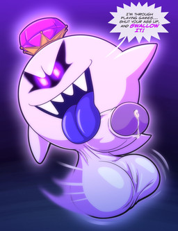 balls big_balls big_penis bodily_fluids crown dialogue dripping fellatio_request gem genital_fluids genitals glowing headgear huge_balls huge_penis humanoid_genitalia humanoid_penis male motion_lines oral_request penis precum precum_drip profanity purple_tongue requesting saggy_balls sex_request simple_background solo text tongue tongue_out tepigfan101 luigi's_mansion mario_bros nintendo king_boo boo_(mario) ghost spirit absurd_res english_text hi_res