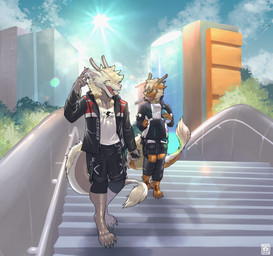 4_toes anthro barefoot bottle building claws clothing container detailed_background digitigrade duo feet finger_claws light male paws skyscraper stairs streetwear sunlight tail techwear text toe_claws toes water_bottle exsys asian_mythology east_asian_mythology mythology noodlesdragon dragon eastern_dragon mythological_creature mythological_scalie scalie english_text