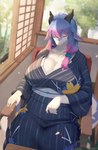 anthro asian_clothing big_breasts breasts clothing curvy_figure east_asian_clothing eyes_closed female hair horn huge_breasts kemono purple_hair solo tail voluptuous white_body lcshian mythology lanya_(lcshian) dragon mythological_creature mythological_scalie scalie wingless_dragon hi_res