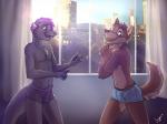 alternate_species anthro bulge claws clothed clothing duo hair male open_mouth open_smile purple_hair smile topless underwear window jaggiekant drewotter milko canid canine canis mammal mustelid otter wolf 4:3