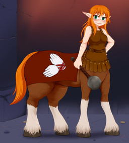 arm_scar armor_only belt blush brown_belt brown_hooves dungeon facial_scar female freckles fur greek_armor green_eyes hair holding_mace hooves leg_scar mace melee_weapon multicolored_body multicolored_fur notched_ear orange_hair orange_tail pale_skin pointy_ears scar solo tail tan_body tan_fur weapon mentalcrash european_mythology greek_mythology mythology centaur clydesdale draft_horse equid equid_taur equine horse humanoid_taur mammal mammal_taur taur absurd_res hi_res