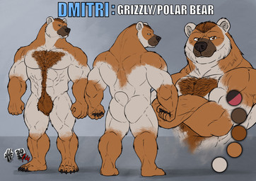 abs anthro belly_hair body_hair brown_body brown_eyes brown_fur brown_hair chest_hair color_swatch crossed_arms featureless_crotch front_view fur glistening glistening_eyes hair male male_anthro mouth_closed muscular muscular_anthro muscular_male nude pecs pubes rear_view short_hair simple_background solo standing white_body white_fur hufnaar dmitri_yetsin_(fenrir_garou) bear mammal 2024 dated hi_res model_sheet