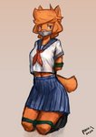 anthro bdsm bondage bound clothing female gag kneeling midriff restraints rope rope_bondage school_uniform solo tape tape_gag uniform panzery25 asper_(panzery25) canid canine fox mammal absurd_res hi_res