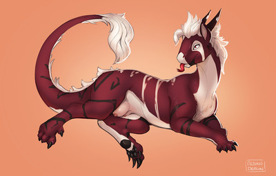 claws female female_feral feral forked_tongue horn mane markings pawpads red_eyes simple_background solo tail teats tongue tongue_out albinodragon felkin