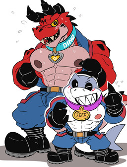 abs anthro anthrofied blush boots bottomwear bulge clothed clothing denim denim_bottomwear denim_clothing duo footwear grin horn jeans male muscular muscular_anthro muscular_male nipples one_eye_closed pants pecs sharp_teeth shoes smile teeth topless topless_male wink alternatehef marvel marvel_rivals moon_girl_and_devil_dinosaur devil_dinosaur_(moon_girl_and_devil_dinosaur) jeff_the_land_shark aquatic dinosaur fish prehistoric_species reptile scalie shark hi_res