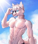 abs alternate_species anthro blue_eyes bottomwear clothing eyewear fur furrification glasses hair male muscular muscular_male nipples pants pecs sharp_teeth solo sunglasses teeth tongue tongue_out white_body white_fur white_hair prawfurl jujutsu_kaisen gojo_satoru canid canine mammal hi_res