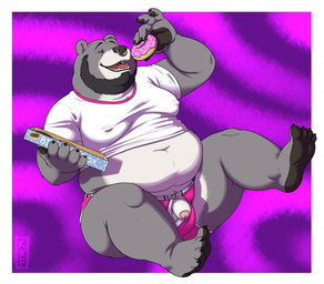 anthro balls beard briefs clothed clothing countershade_balls countershade_crotch countershade_face countershade_genitalia countershade_torso countershading eating eating_food facial_hair foreskin genitals humanoid_genitalia humanoid_penis male male_anthro open_mouth open_smile overweight overweight_anthro overweight_male partially_clothed partially_clothed_anthro partially_clothed_male penis penis_poking_out shirt simple_background sitting smile solo spread_legs spreading teeth tongue topwear underwear kronexfire texas_bruin bear mammal 2018