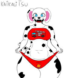 anthro big_butt black_body black_fur blue_eyes bra butt clothing crossgender female fur holding_clothing holding_object holding_panties holding_underwear panties red_bra red_clothing red_panties red_underwear smile smiling_at_viewer solo thick_thighs underwear voluptuous_female white_body white_fur kaikalitsu paw_patrol marshall_(paw_patrol) canid canine canis dalmatian domestic_dog mammal 1:1 absurd_res hi_res