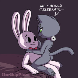 anthro bell bell_collar black_eyes collar dialogue duo eye_contact fangs feet female fur green_eyes grey_body grey_fur grey_tail interspecies jingle_bell long_tail looking_at_another looking_at_partner male male/female no_pupils nude on_top open_mouth open_smile purple_background short_tail simple_background smile soles straddling tail teeth text whiskers white_body white_fur young starshippizza ashe_(starshippizza) beau_(starshippizza) domestic_cat felid feline felis lagomorph leporid mammal rabbit 1:1 2019 english_text hi_res female_(lore) male_(lore)