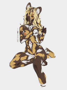 5_fingers anthro areola biped blonde_hair breasts brown_body brown_fur brown_tail claws female finger_claws fingers front_view fur genitals hair navel nipples nude nude_anthro nude_female one_eye_closed purple_eyes simple_background sitting solo tail vulva hale. african_wild_dog canid canine mammal 2025 digital_drawing_(artwork) digital_media_(artwork) hi_res