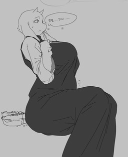 anthro biped breasts clothed clothing dialogue eyebrows eyelashes female fingers food fur horn mouth_closed pastry pie simple_background sitting solo text thought_bubble meckmeck00124 undertale_(series) toriel boss_monster_(undertale) bovid caprine goat mammal hi_res monochrome