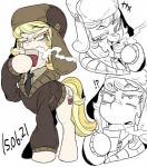 ?! beverage blonde_hair blush clothing coffee cutie_mark exclamation_point female food hair hat headgear headwear necktie question_mark solo steam ushanka nekubi hasbro my_little_pony march_gustysnows_(mlp) earth_pony equid equine horse mammal pony 2015