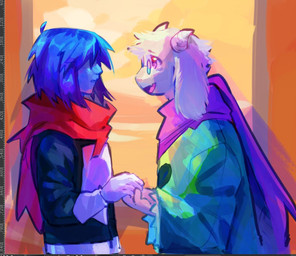ambiguous_gender anthro armor blue_hair clothing duo eyewear fur glasses hair hand_holding horn male robe scarf smile white_body white_fur clownboo_art deltarune undertale_(series) kris_dreemurr ralsei human mammal