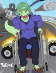 anthro clothed clothing disability explosive_mines explosives female footwear freckled_face freckles front_view green_body green_hair hair hoodie looking_at_viewer obstacle_course open_mouth shoes slippers solo street topwear vehicle wheelchair yellow_sclera savageshark cavemanon_studios happy_wheels i_wani_hug_that_gator olivia_halford baryonyx dinosaur prehistoric_species reptile scalie spinosaurid theropod crossover hi_res