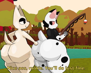 :3 anthro big_butt bobber butt butt_grab dialogue different_artstyle duo fishing_rod hand_on_butt lidded_eyes light looking_back male male/male open_mouth screencap screencap_background surprised text thick_thighs bunnit_(artist) rift_fishing webfishing domestic_cat felid feline felis mammal absurd_res hi_res lighting shaded signature