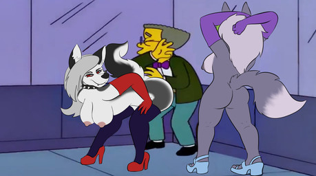 anthro breasts butt clothing collar dancing female footwear footwear_only group high_heels high_heels_only horrified legwear male male/female mostly_nude nipples nude shoes spiked_collar spikes stockings tail trio twerking pickles-hyena five_nights_at_freddy's five_nights_at_freddy's:_security_breach hellaverse helluva_boss mythology scottgames smithers_scared_of_strippers steel_wool_studios the_simpsons loona_(helluva_boss) roxanne_wolf waylon_smithers canid canid_demon canine canis demon hellhound human mammal mythological_canine mythological_creature wolf hi_res meme