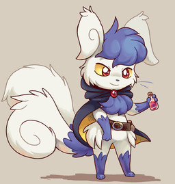 2_tails anthro belt blue_body blue_fur blue_hair brown_background cape cheek_tuft clothing curved_tail ear_tuft facial_tuft female fur glass_bottle gloves_(marking) hair hip_tuft holding_object leg_markings markings multi_tail potion red_eyes shadow simple_background smile smirk socks_(marking) solo tail tail_tuft tuft whiskers white_body white_fur yellow_sclera shellyochunks nintendo pokemon tales_of_tabira holly_julep generation_6_pokemon meowstic pokemon_(species) 2015 shaded