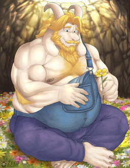 anthro barazoku beard belly blonde_hair body_hair chest_hair clothing facial_hair fur hair horn male mature_male musclegut muscular nipples overalls solo suspenders white_body white_fur zeed_bullwolf undertale_(series) asgore_dreemurr bovid caprine goat mammal absurd_res hi_res