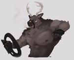 5_fingers anthro antlers brown_body brown_fur brown_nipples cigarette clothing driving fingerless_gloves fingers fur gloves handwear horn humanoid_hands male muscular muscular_anthro muscular_male nipples smoking solo gravytwn deer mammal 2024 colored hi_res signature