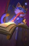 blue_eyes book detailed_background female feral food fur magic meat pink_nose sausage smile solo teeth daria_arbuz league_of_legends riot_games tencent yuumi_(lol) domestic_cat felid feline felis mammal 2019 digital_media_(artwork)