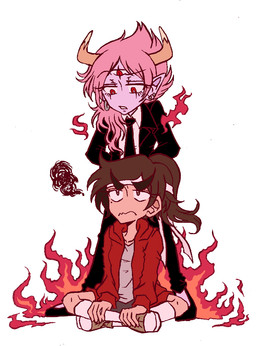 2_horns 3_eyes accessory brown_hair clothing crossgender duo female frown hair headband hoodie horn mtf_crossgender multi_eye pink_hair ponytail sitting suit topwear yumichen disney star_vs._the_forces_of_evil marco_diaz tom_lucitor demon demon_humanoid horned_humanoid human humanoid mammal