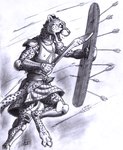 0laffson 2024 anthro armor arrow_(weapon) battle_cry belt biped blood blood_on_sword blood_on_weapon bodily_fluids bottomwear buckle cheetah claws clothing couter cuirass digitigrade ear_piercing ear_ring fangs felid feline fur graphite_(artwork) hi_res holding_melee_weapon holding_object holding_shield holding_sword holding_weapon jewelry looking_forward mace male mammal markings melee_weapon monochrome motion_blur necklace open_mouth paws pencil_(artwork) piercing plate_armor poleyn ranged_weapon ring_piercing saliva scar schynbalds shield signature skirt solo spaulder spots spotted_body spotted_fur spotted_markings spotted_tail straps sword tail tail_markings teeth ti'maar_(titusw) toe_claws traditional_media_(artwork) vambrace weapon