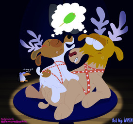 anthro bar cowgirl_position duo female from_front_position harness interspecies male male/female on_bottom on_top sex size_difference thought_bubble samuraijackin olive_the_other_reindeer martini_(olive_the_other_reindeer) olive_(olive_the_other_reindeer) schnitzel_(olive_the_other_reindeer) canid canine canis certhioid deer domestic_dog mammal new_world_deer reindeer wren hi_res story story_in_description