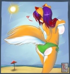 anthro back_boob beach big_breasts blush breasts butt casual_exposure clothed clothing detailed_background female heart_symbol huge_breasts looking_at_viewer looking_back looking_back_at_viewer outside rear_view sand seaside side_boob sky solo sun tail topless water conditional_dnp fluff-kevlar fyxe canid canine fox mammal digital_media_(artwork)